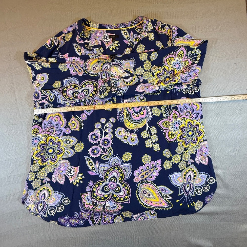 Talbots Plus Navy Blue Paisley Floral Rayon Blouse 2X 3/4 Sleeve Split Neck 2535 - Picture 5 of 7